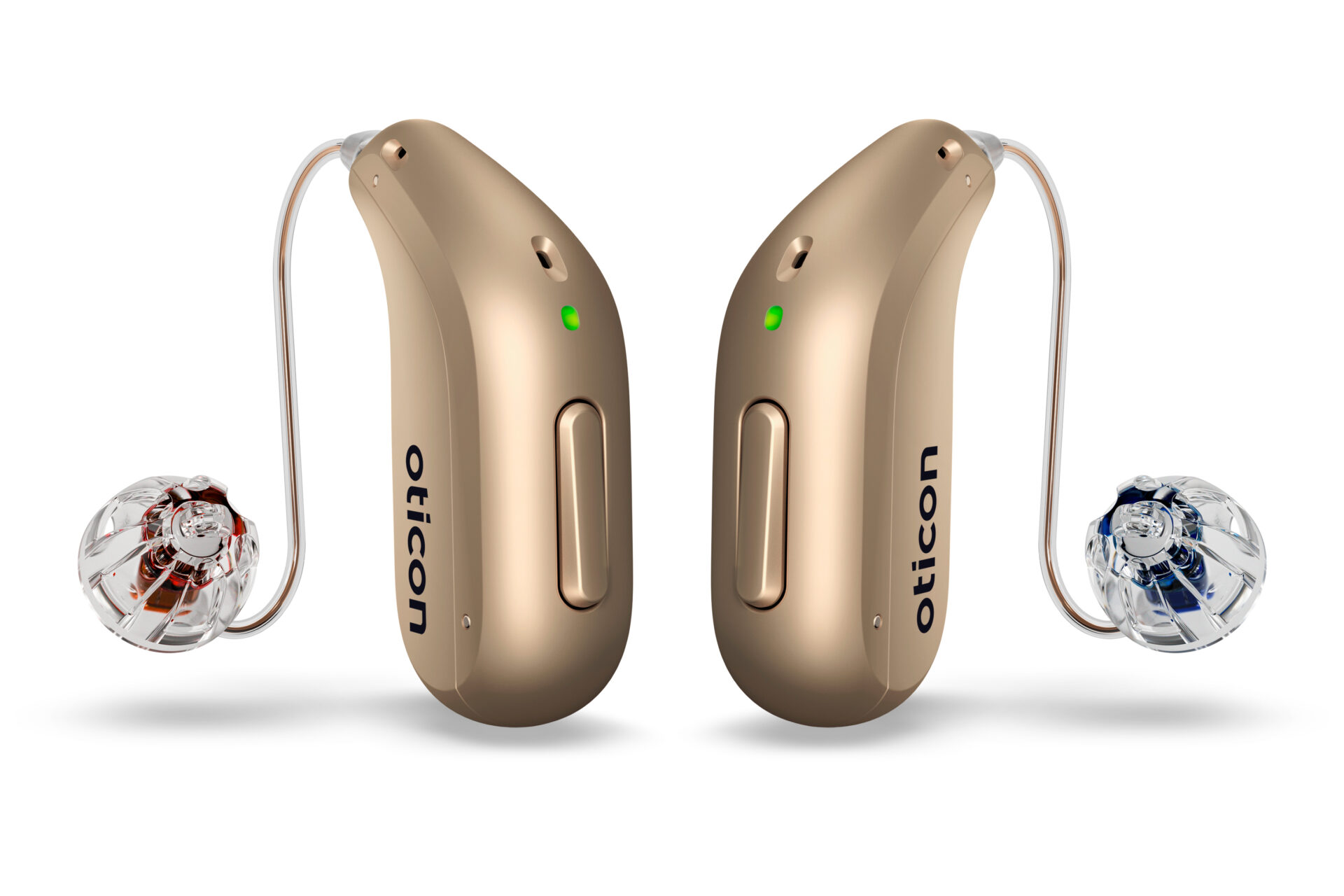 Oticon_Intent_miniRITE_H1-2024_Binaural_C116HoneyBeige_LEDgreen_Speaker60_OpenBassDome_500pctSize_trm